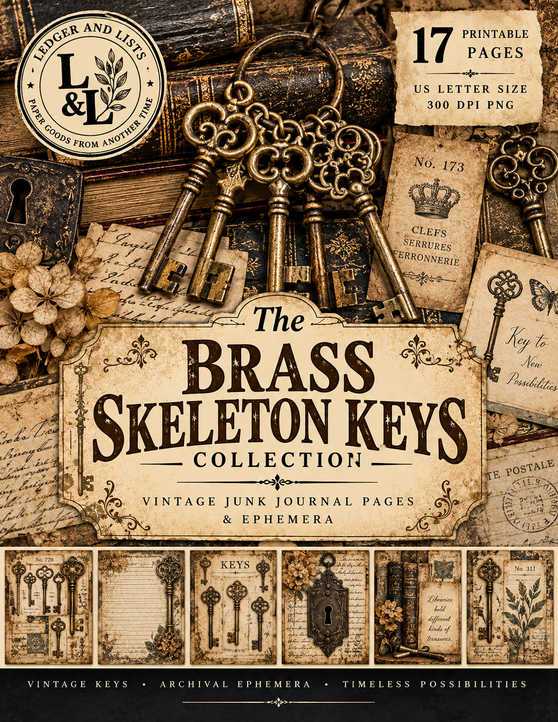 The Brass Skeleton Keys Collection – Vintage Junk Journal Pages & Ephemera